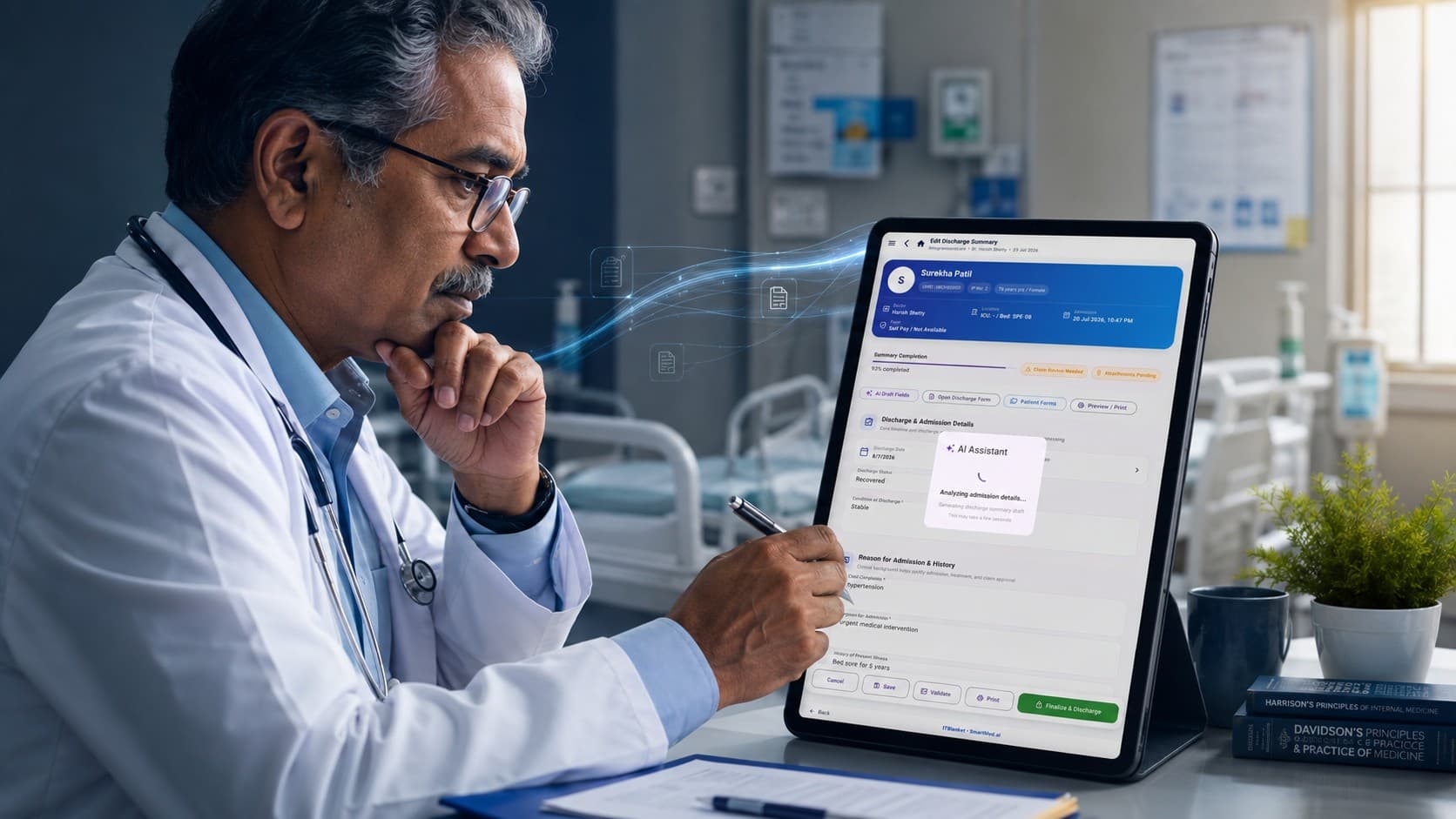 A clinician reviewing an AI-generated discharge summary in SmartMed.ai while retaining control of the final clinical decision
