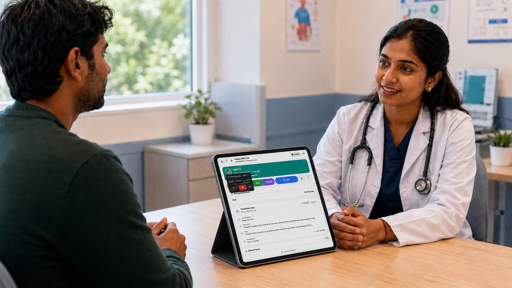 A clinician using SmartMed.ai Ambient Clinical Recording on a tablet during a patient consultation