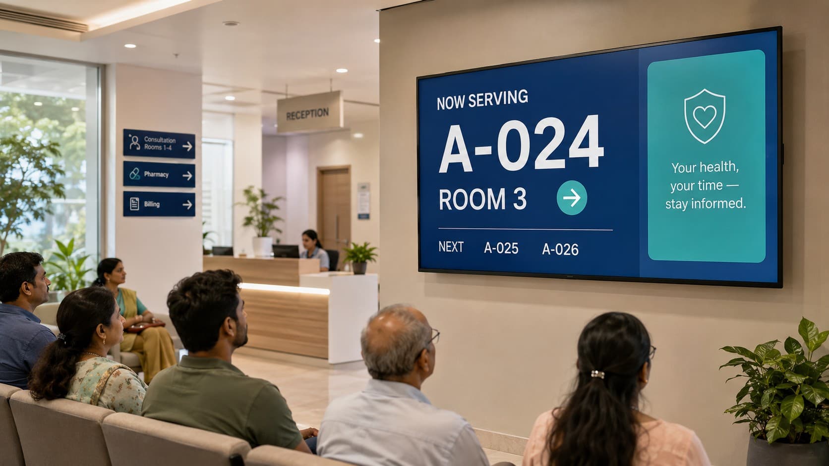 A modern healthcare waiting area with a patient-friendly queue display and useful digital signage