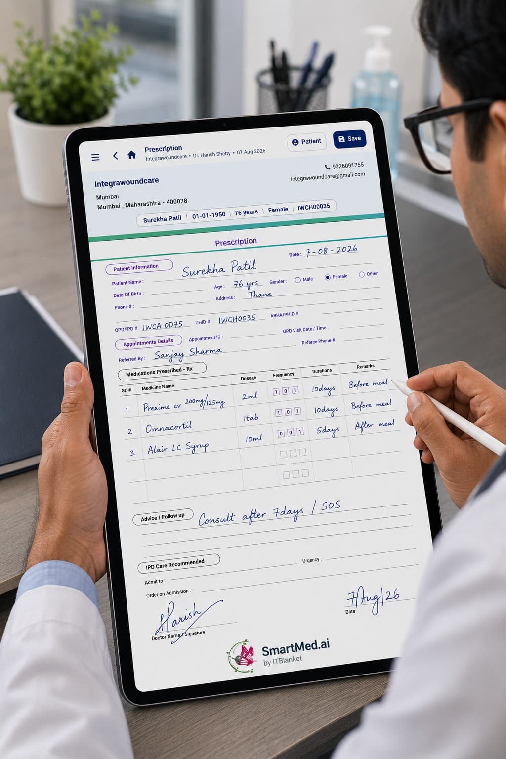 Doctor using SmartMed.ai on a tablet with a stylus
