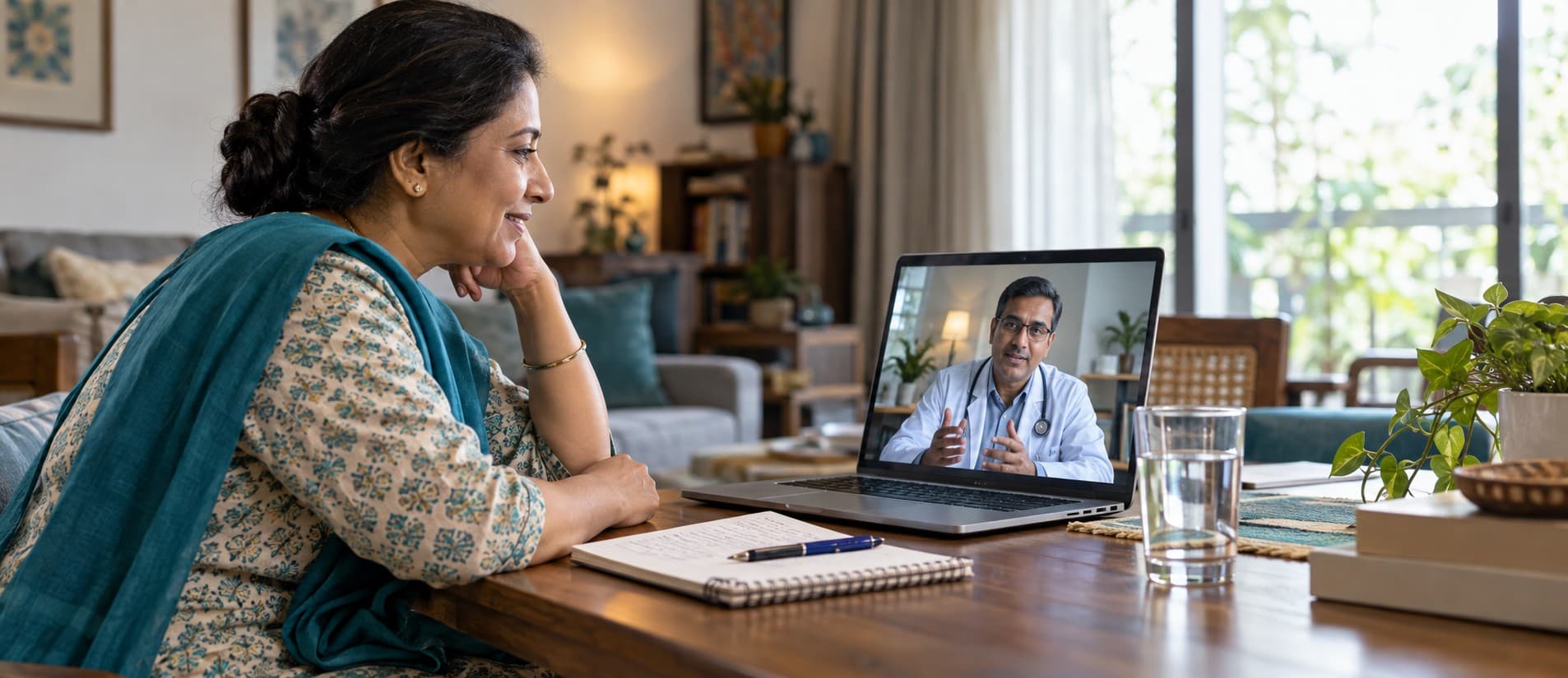 A patient at home discussing her care with a doctor during a video consultation